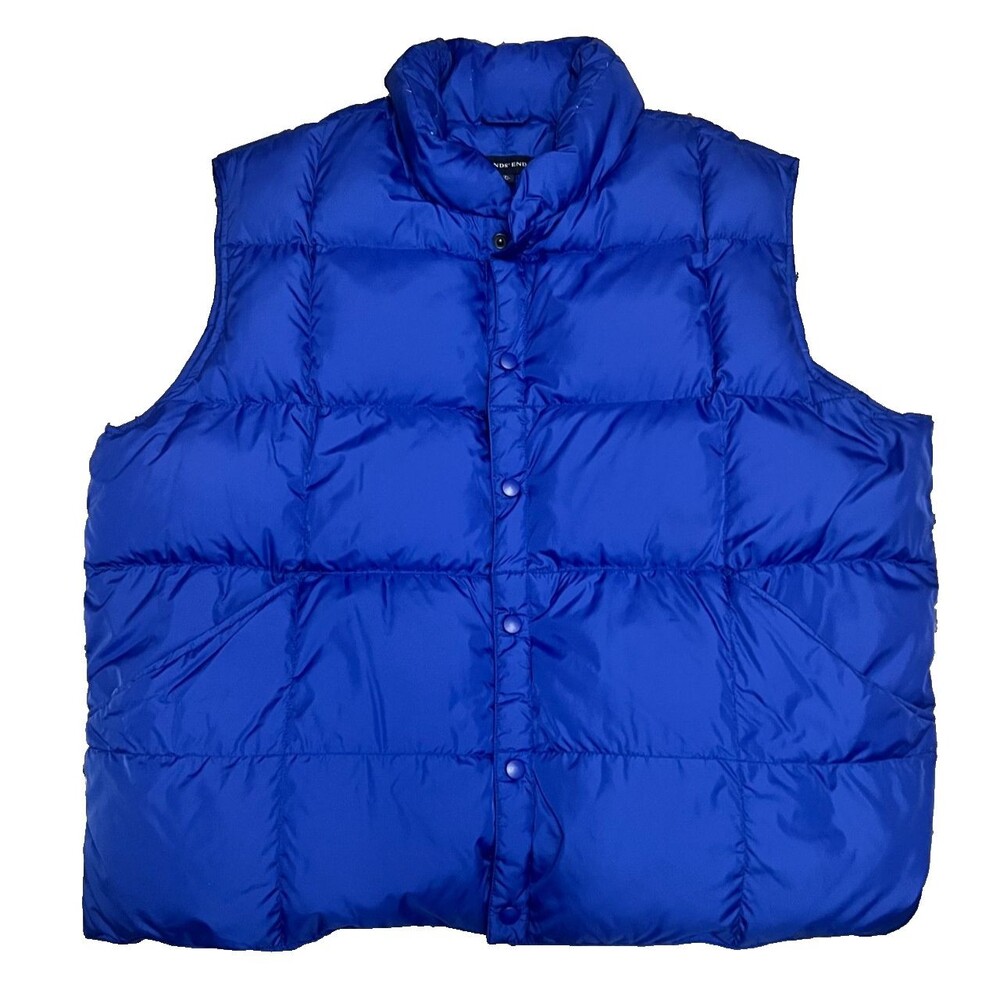 Vtg LANDS END Mens XXL Goose Down Puffer Coat Vest Royal Blue Nylon Outdoor Fish